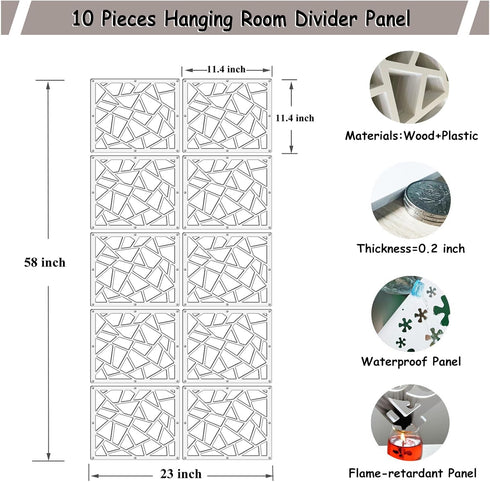 Lchen Hanging Room Divider - 10 Pieces Wood-Plastic Hanging Panels 0.2“ Thick Screen Panel for Living Room Bedroom Home