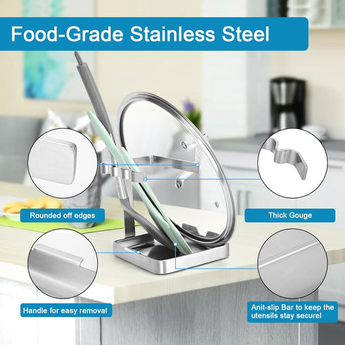 Vertical Spoon Rest and Lid Stand - Foodgrade Stainless Steel Pot Lid Holder with Drip Tray for Kitchen Counter