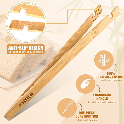 Walfos Bamboo Toaster Tongs - Wood Tongs for Cooking, Ideal for Toaster, Fruits, Bread & Pickles, Set of 2 (8" & 10")