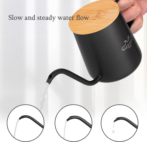 MERMOO YILAN Gooseneck Kettle - Black 350ml Stainless Steel Pour Over Coffee Kettle with Lid, Hand Drip Coffee Pot
