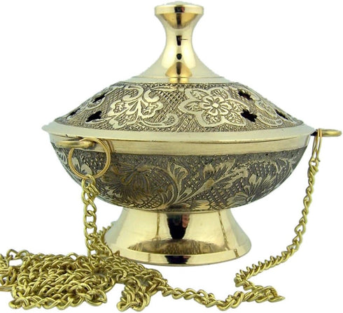 Religious Gifts Gold Plate over Brass Conical Incense Holder, 3 1/2" Dia - 3" H with 9" Chain