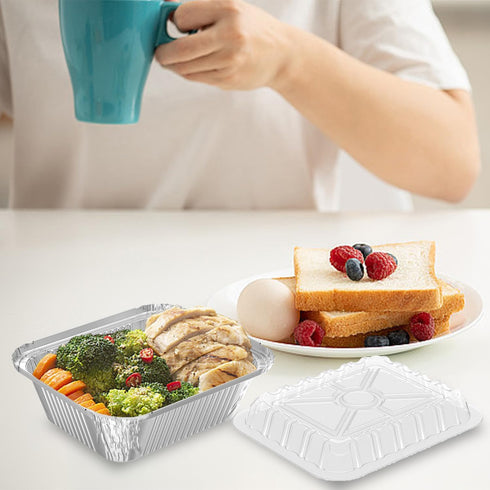 30 Pack 1 lb Rectangular Disposable Aluminum Foil Pan, 16 oz Take Out Food Containers with Clear Plastic Dome Lids