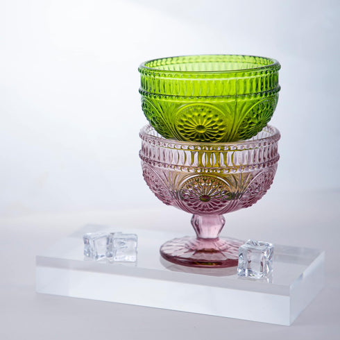 Vintage Flower Embossed Glass Footed Dessert Bowl, Ice Cream, Trifle, Salad, Candy, Cake Bowl for Home Party, 9oz-Pink