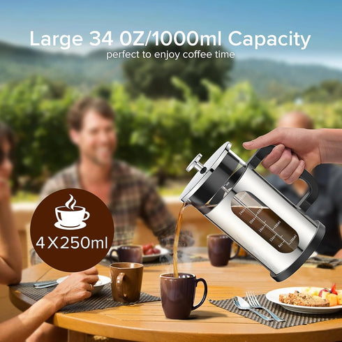 French Press Coffee Maker, 304 Stainless Steel Cold Brew with 4 Filter, Heat Resistant Borosilicate Glass, 34ounce,