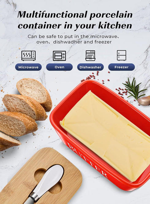 Large Butter Dish with Lid for Countertop, Ceramic Keeper with Knife, Perfect for 2 Sticks of Butter, Red