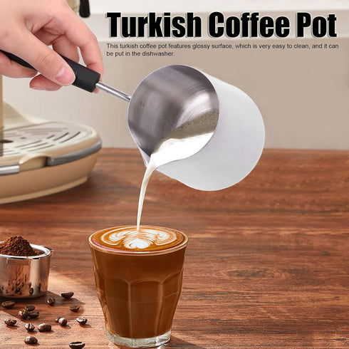 Stainless Steel Turkish Coffee Pot, 600ml Long handled Milk Frother Pitcher Cup, Milk Coffee Butter Warmer Cappuccino Latte Art Barista Cup for Home Coffee Shop