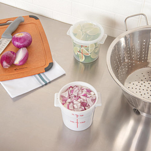 Restaurantware-Met Lux 1 Quart Food Storage Container: White Storage Container with Red Volume Markers, Lids Sold