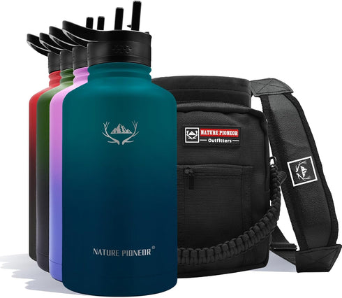 NATURE PIONEOR 64oz Insulated Water Bottle with Straw - Stainless Steel Vacuum Water Jug with Holder/Sleeve