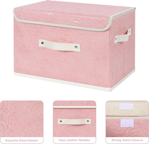 ANMINY Fabric Storage Bin with Lid, Rose Print Basket with PU Leather Handles, Pink, Large