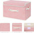 ANMINY Fabric Storage Bin with Lid, Rose Print Basket with PU Leather Handles, Pink, Large