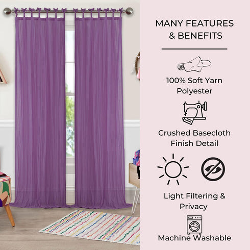 Elrene Home Fashions Greta Crushed Sheer Tie Tab Top Teen Kids Single Window Panel Curtain Drape, Purple