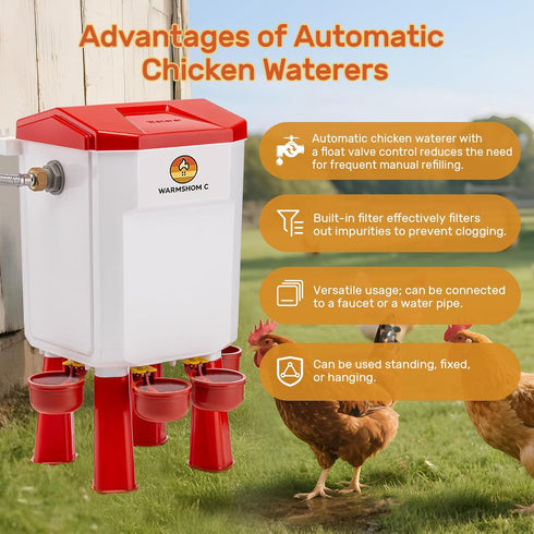 WARMSHOMIC Automatic Chicken Waterer,Float-Controlled Large Watering System with Stainless Steel Metal Hose,Suitable