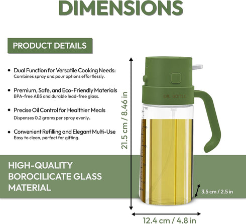 2-in-1 18oz 550ml Green / - Olive Oil Sprayer for Cooking,Salad and BBQ, Leakproof Oil Dispenser for Frying, Glass