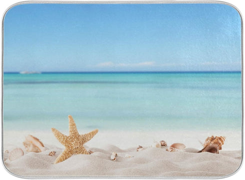 Summer Starfish Dish Drying Mats, Seashells Beach Theme for Kitchen Counter Sink, 16x18 Inch
