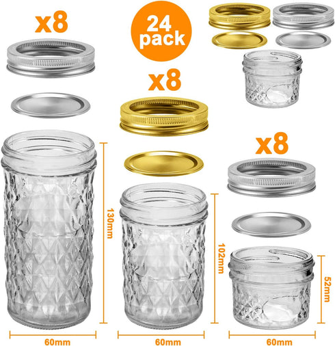 24 Pack 4 OZ 8, 8 OZ 8, 12 OZ 8 (4oz -8oz-12oz) SPANLA Mason Jars, Canning Jars With Regular Lids, Ideal for Jam