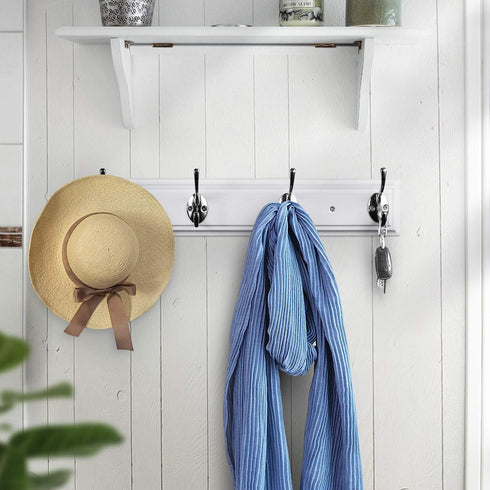 Coat Rack Wall Mounted White, 17" Wooden Modern Coat Hanger with 4 Hooks, Heavy Duty Zinc Alloy Wall Hook Rack