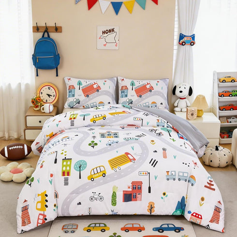 ZRNBAST Twin Size Comforter Sets for Boys 3-Piece Cartoon Cars Kids Bedding