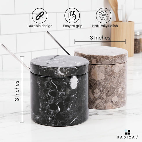 3" Inch Set 2 Countertop Radicaln Marble Salt Cellar with Lid and Tray Oceanic & Black Handmade of Seasoning Jars