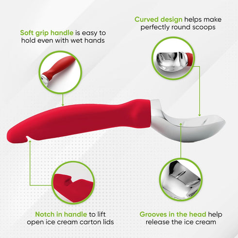 Spring Chef Ice Cream Scoop with Soft Grip Handle, Professional Heavy Duty Sturdy Scooper, Red