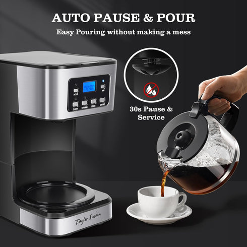 Taylor Swoden 12-Cup Programmable Coffee Maker, Regular & Strong Brew Drip Machine for Home & Office