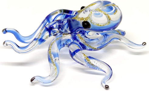 Octopus Miniature Figurines - Hand Blown Color Glass Art Collectible Gift Decor, 3.25" Blue Tone