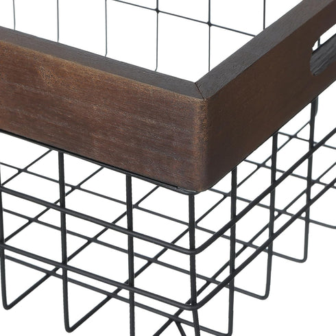 Set of 3 Metal Wire Baskets, Organizing Wood Top with Handles, Storage Organizer for Kitchen Cabinets, Pantry, Laundry