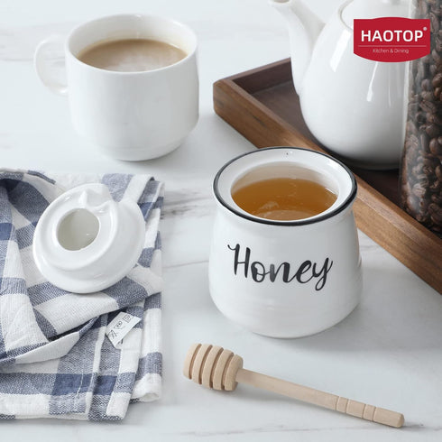 Set 12oz,Easy HAOTOP Farmhouse Porcelain Honey Jar with Dipper and Lid to Clean (White)