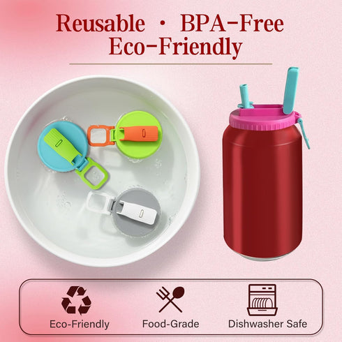XENIVO 4 Pack 2.13" (4 Soda Can Lids with Silicone Straw, Reusable Soda Can Covers to Keep Carbonation, Leak-Proof