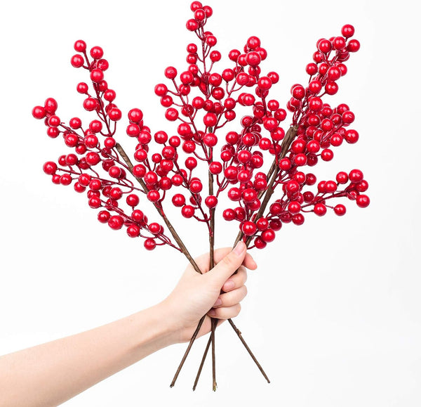 Lvydec 4 Pack Artificial Red Berry Stems - 17 Inch Christmas Holly