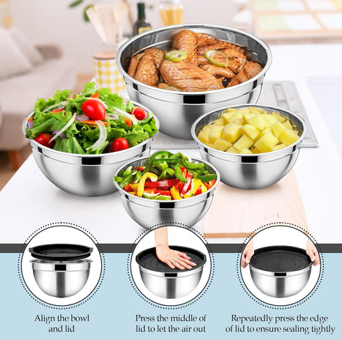 TeamFar Set of 6 Mixing Bowls, Stainless Steel Nesting Salad Bowls with 3 Grater Attachments for Cooking Prepping