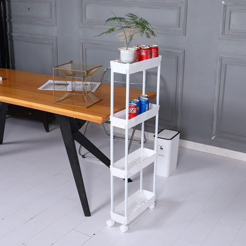 Sooyee 4 Tier Slim Storage Cart, Mobile Shelving Unit Organizer for Kitchen, Bathroom, Laundry, White Plastic & Steel