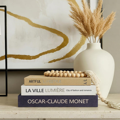 Set 3 Aesthetic Decorative Books for Home Decor w. Wood Bead - of Linen Fake Books for Decoration, Coffee Table Book