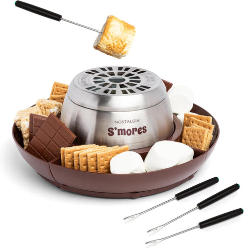 Nostalgia Tabletop Indoor Electric S'mores Maker, Smores Kit with Roasting Sticks and 4 Tray Lazy Susan, Brown