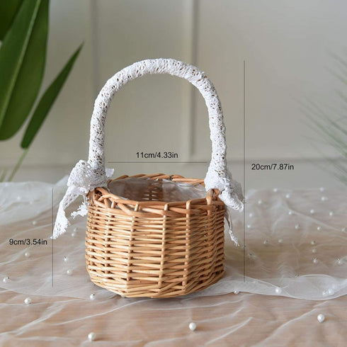 ASSR 2PCS Woven Storage Basket with Handle and Ribbon, Wicker Rattan Flower Girl Baskets for Wedding, Home Garden Decor