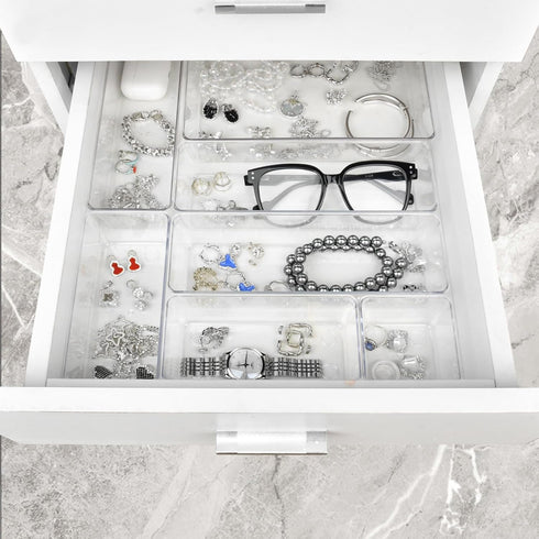 Drawer Organizers Set of 19, Clear Plastic Storage Bins for Kitchen, Bathroom, Office, and Jewelry