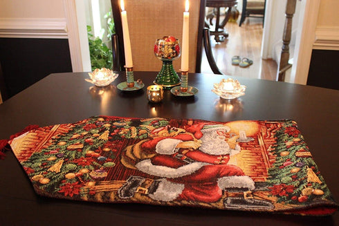 Tache Home Fashion Down The Chimney Santa Claus Christmas Tapestry Table Runner, 13x54, Red, Green, White, Gold