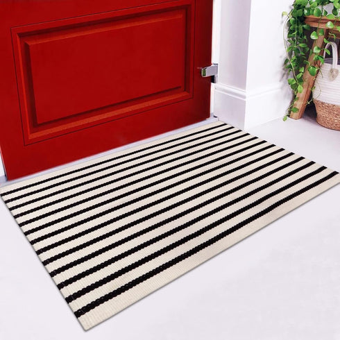 LEEVAN Black and White Striped Rug Doormat 24"x35", Washable Cotton Hand Woven for Entryway