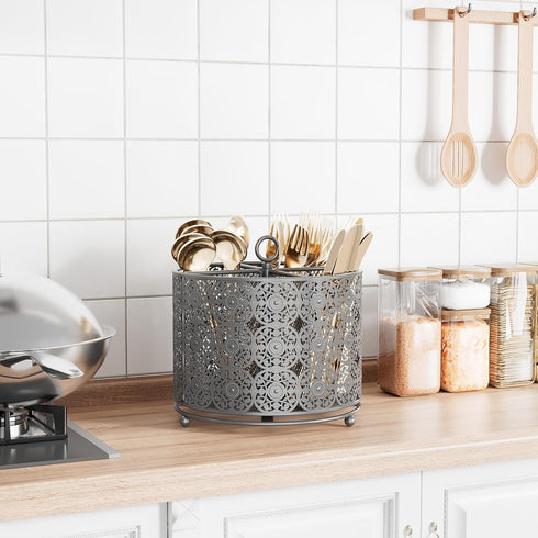 Rotating Utensil Caddy Countertop - Higher Raised Cutlery Caddy Holder - Metal Silverware Caddy Organizer with 4 Compartment for Kitchen Counter Party Office Silver by YIUKEA