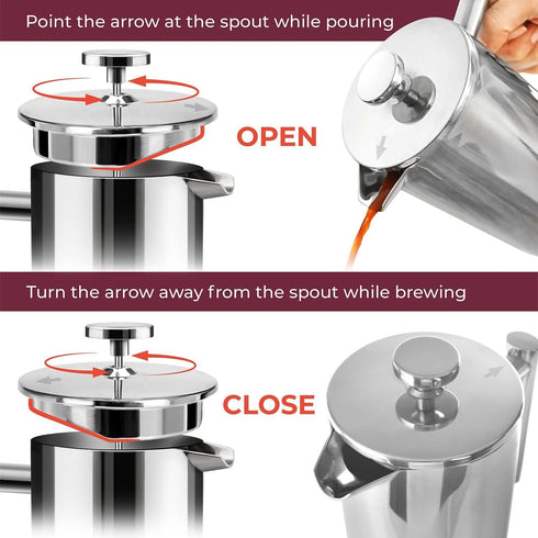 Mueller French Press Coffee Maker, 20oz Stainless Steel, 4 Filter Heat Resistant Double Insulated, Dishwasher Safe