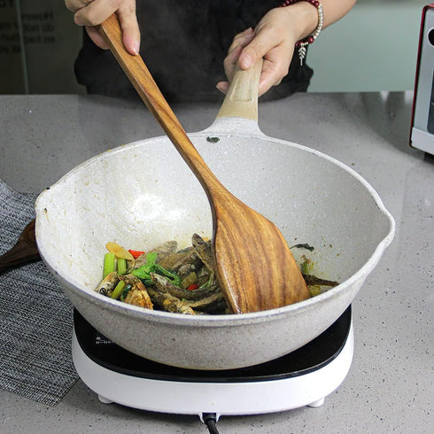Wooden Spatula, 15.3 Inch Flat Wood Wok Spatula, Handmade Kitchen Utensils for Nonstick Cookware
