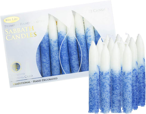 Rite Lite Blue & White Shabbat Candles – Premium 12 Pack Traditional Dinner Table Candles with Gift Box