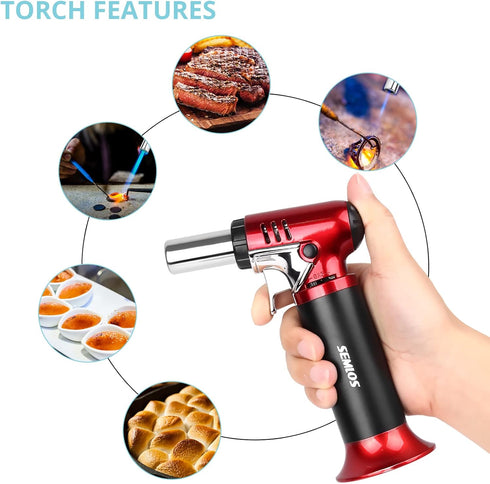 Semlos Refillable Butane Torch with Fuel Gauge - Adjustable Flame Kitchen Lighter for DIY, Creme Brulee, Soldering