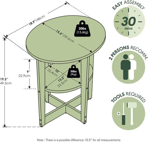 2-Tier Furinno JAYA Side Table, Round Modern End Table with Oval Tabletop, Night Stand, Bedside Table with Open Shelf
