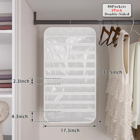 1-Pack Hanging Jewelry Organizer, 80-Pocket Dual-sided Storage for Earring, Necklace, Bracelet, Ring, White