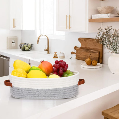 Bathroom Countertop Organizer Basket, Cotton Rope Woven Decorative Basket for Bathroom, Bedroom, 13"x6.3"x4.3" (Off