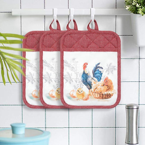 Pot Holders Set of 3 - Silicone Non Slip Heat Resistant Hot Pads, Cotton BBQ Grilling, Red Potholders