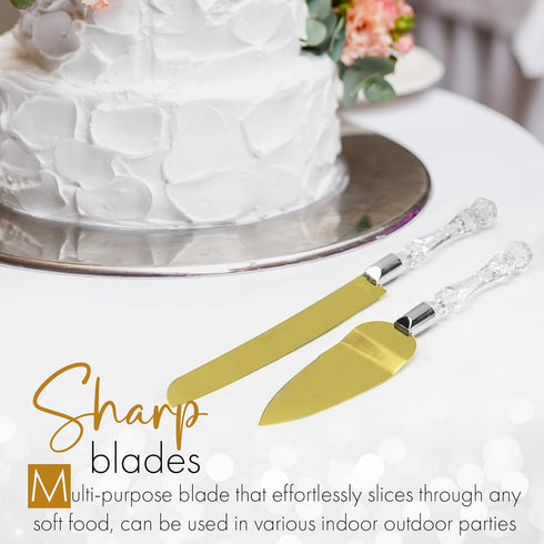 Cake Knife and Server Set, Gold Blade & Faux Crystal Handle Wedding Cake Cutting Set for Party & Anniversary