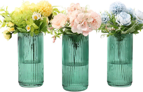Green Glass Vases, Flower Vases Set of 3, Ribbed Glass Vase for