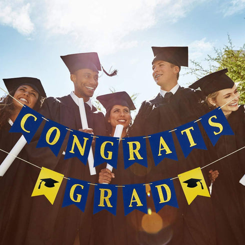 Congrats Grad Banner, Blue and Gold Glitter Congratulations Graduation Banner for College Graduation Party Decorations