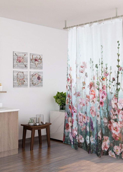 SUMGAR 72 x 72 inch Colorful Flowers Shower Curtain Set with Hooks - Pink Floral Romantic Wildflower Plants